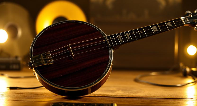 Traditional 4 string banjo with dramatic black and yellow lighting