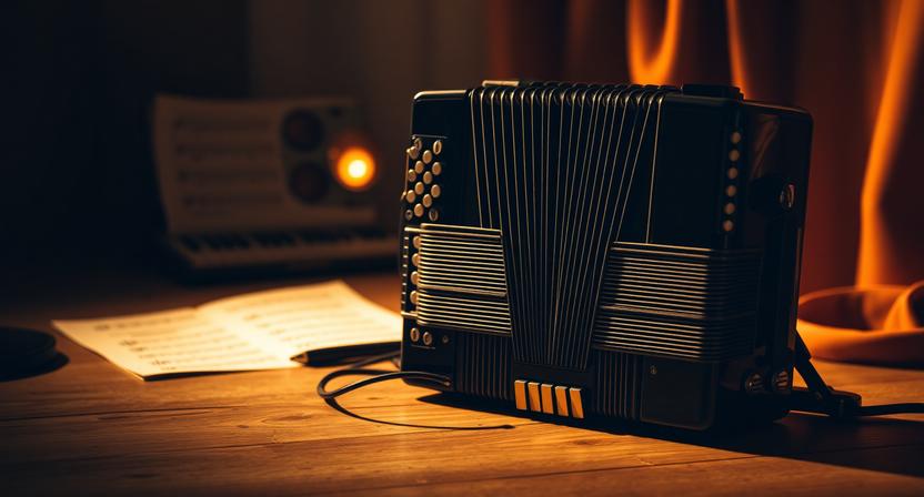Keyboard accordion displayed with dramatic black and yellow lighting