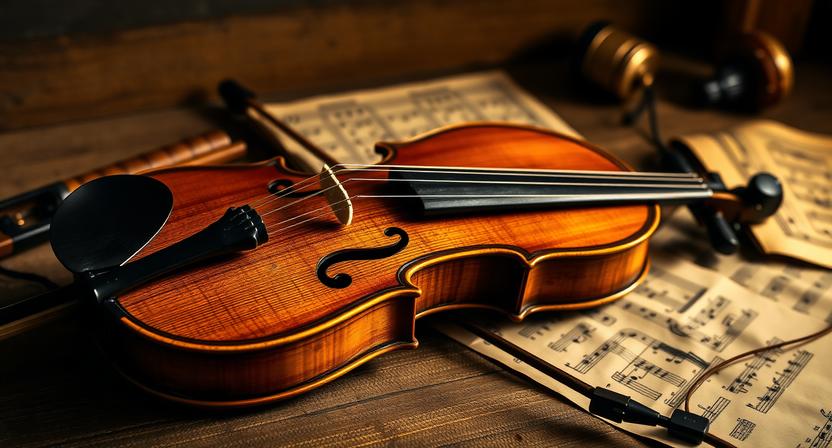 Traditional fiddle displayed with black and yellow dramatic lighting