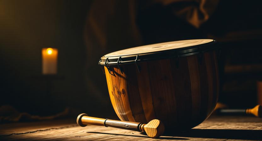 Traditional Irish bodhrán drum with dramatic black and yellow lighting