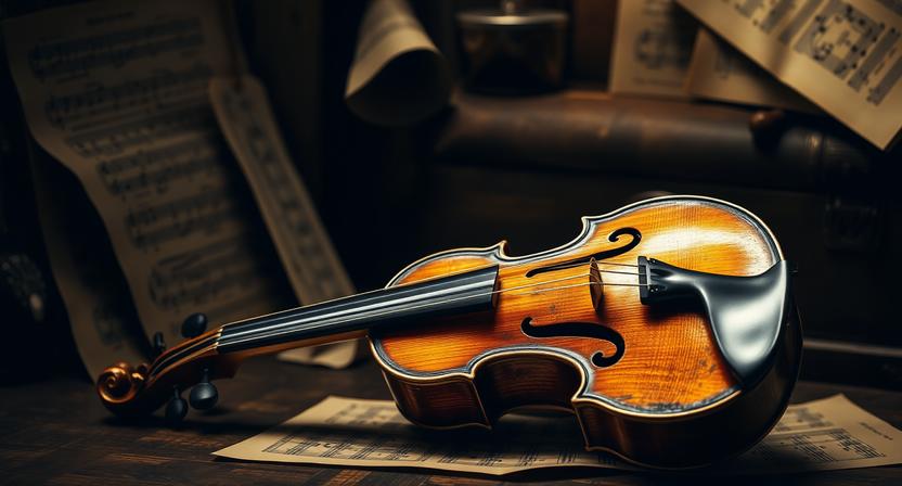 Elegant antique violin for sale displayed with dramatic black and yellow lighting