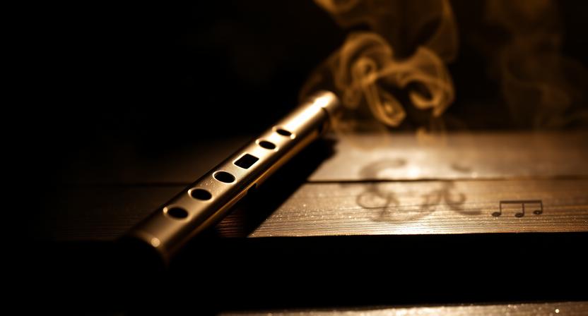 Traditional tin whistle resting on a dark surface with golden lighting