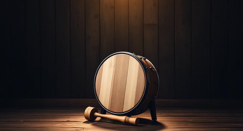 Traditional Irish bodhrán drum with dramatic black and yellow lighting