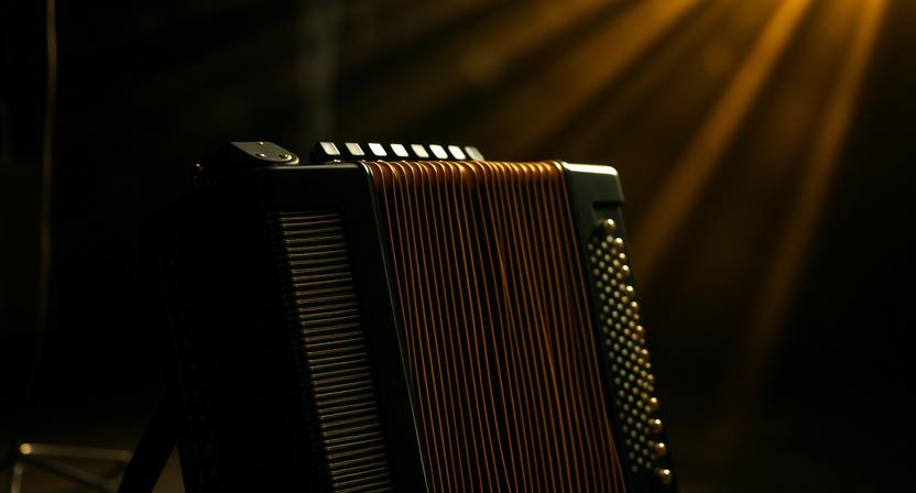 Accordion instrument with dramatic black and yellow lighting