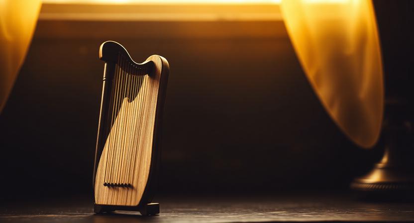 Mini harp displayed with dramatic black and yellow lighting