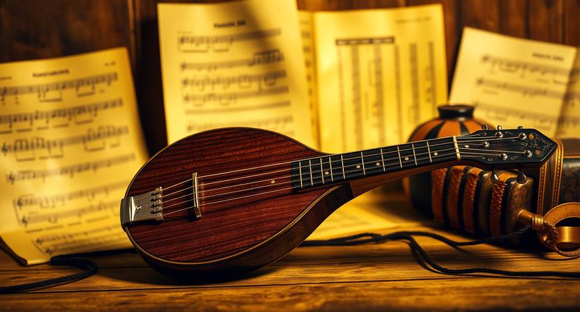 Traditional bouzouki displayed with dramatic black and yellow lighting